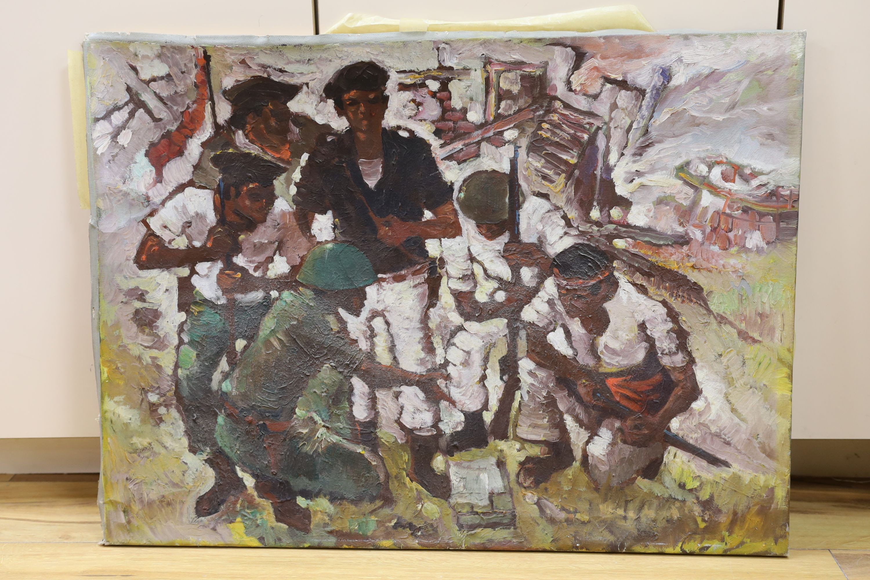 Modern British School, oil on canvas, Soldiers with Japanese Prisoners of War, possibly Malaya, 57 x 76cm, unframed